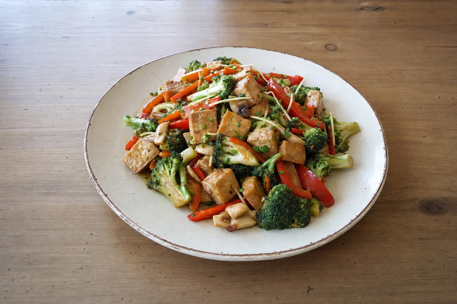 Tofu Salteado com Legumes e Molho de Soja e Gengibre