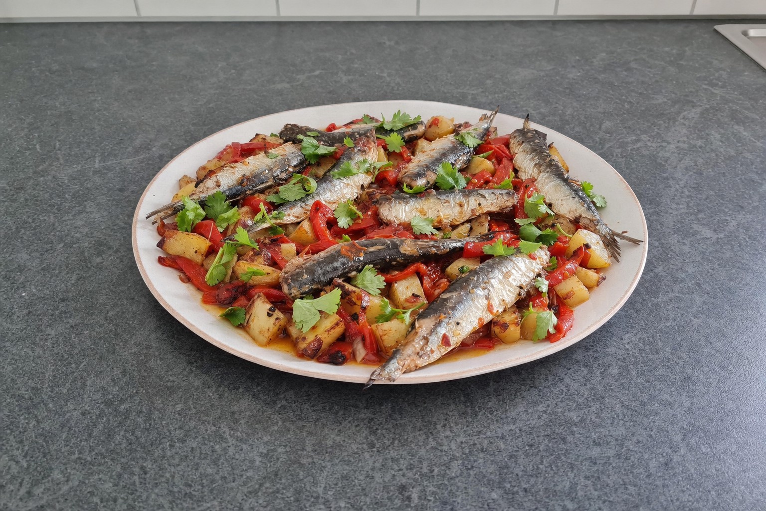 Sardinhas assadas com pimento e batata