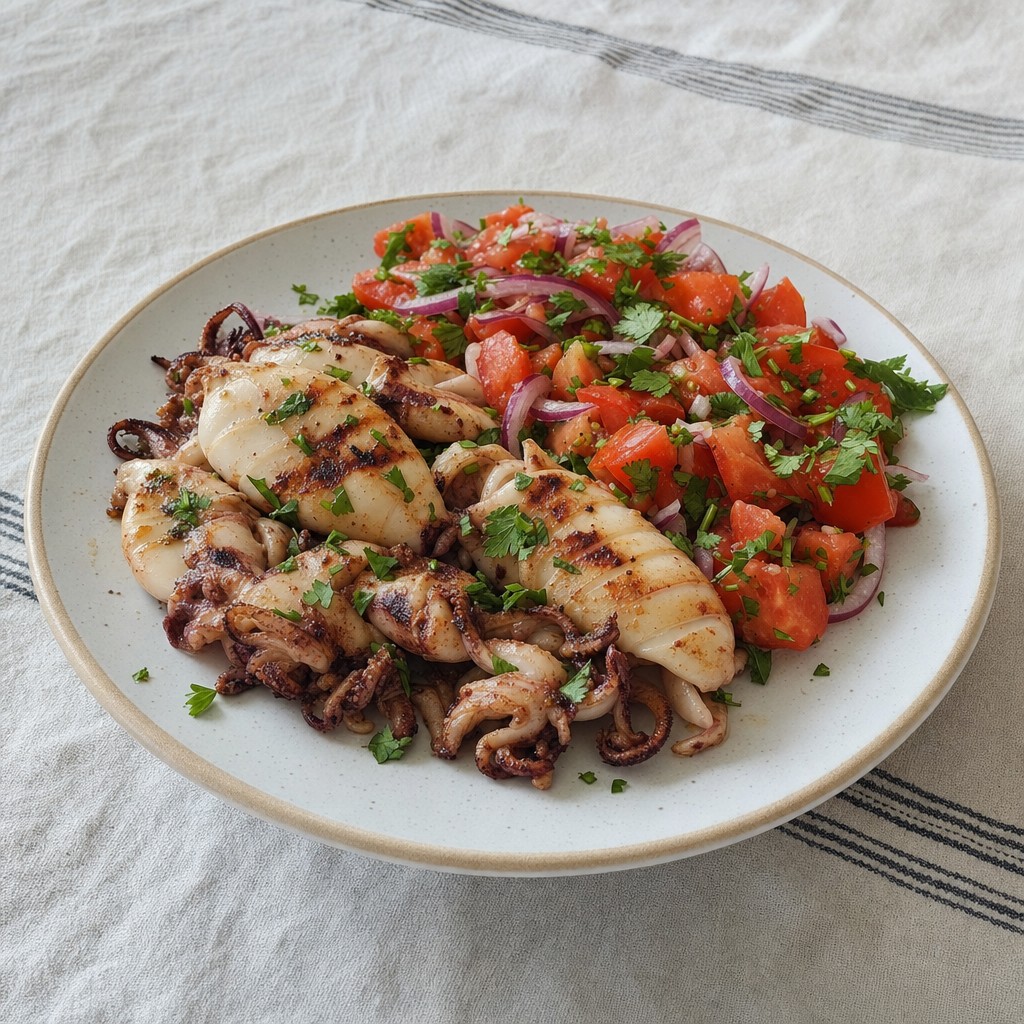 Lulas Grelhadas com Salada de Tomate e Coentros