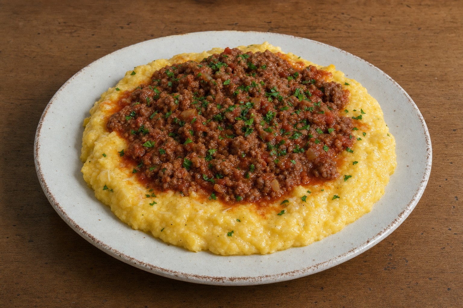 Polenta cremosa com ragù de carne picada