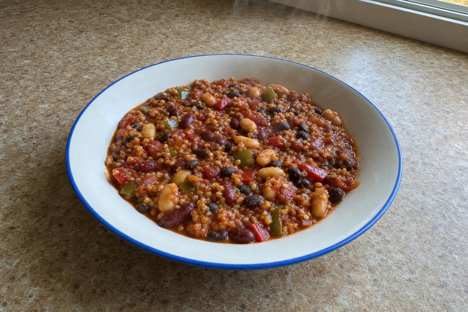 Chili Vegano de Três Feijões e Bulgur