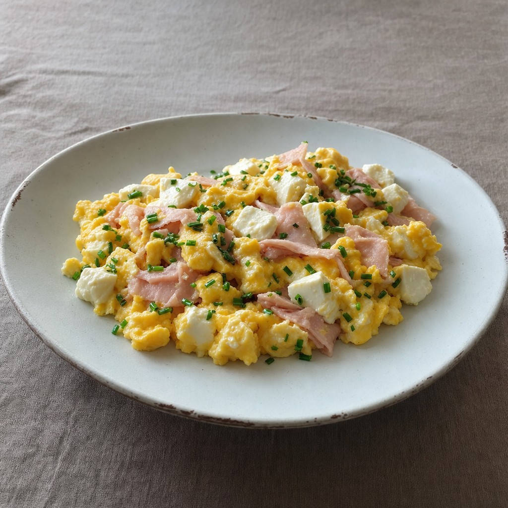 Ovos mexidos com queijo fresco e fiambre de peru