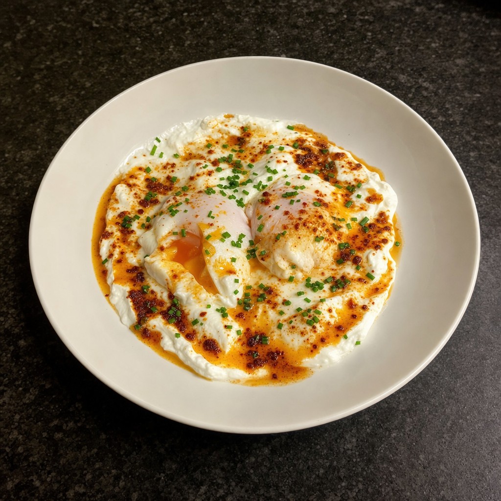 Ovos Pochê com Iogurte Grego e Azeite de Pápricas (Çılbır)