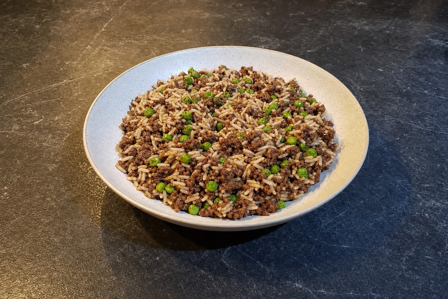 Carne Picada com Ervilhas e Arroz
