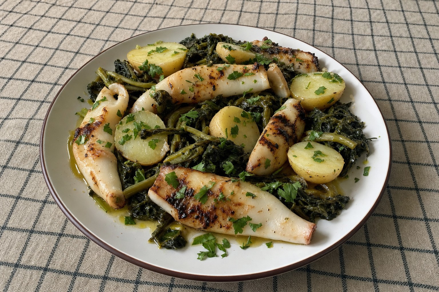 Lulas Grelhadas com Batata Cozida e Grelos
