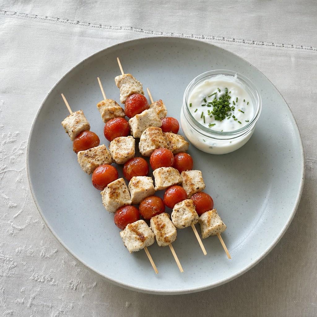 Espetadas frias de frango e tomate cherry com molho de skyr