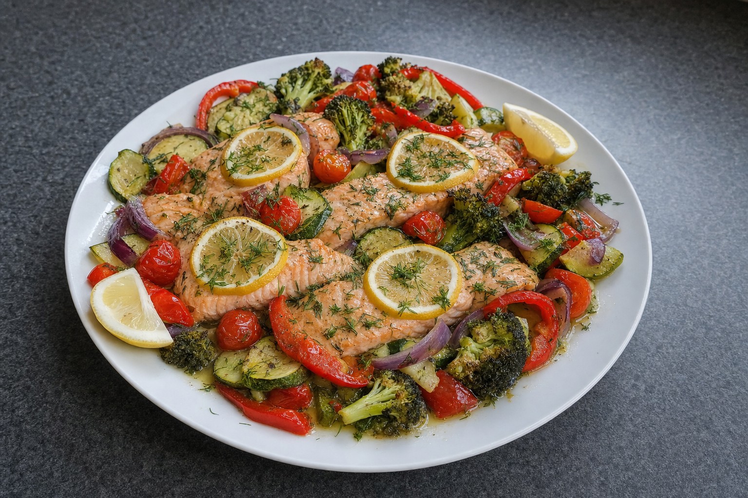 Lombos de Salmão no Forno com Legumes e Limão