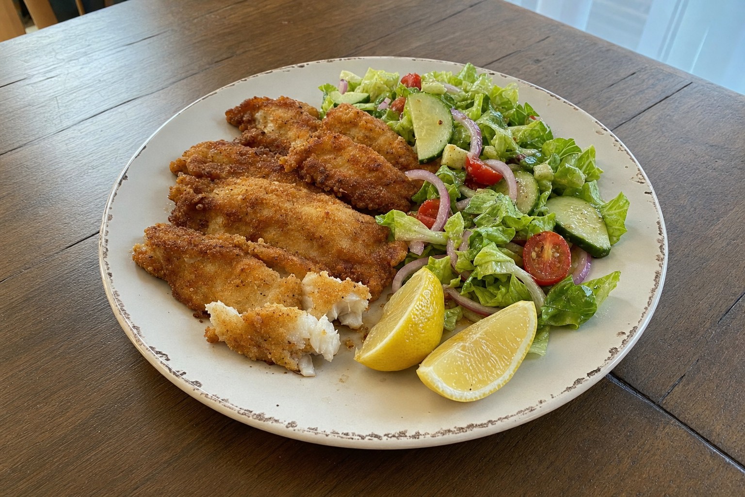 Peixe Frito em Frigideira com Salada Verde