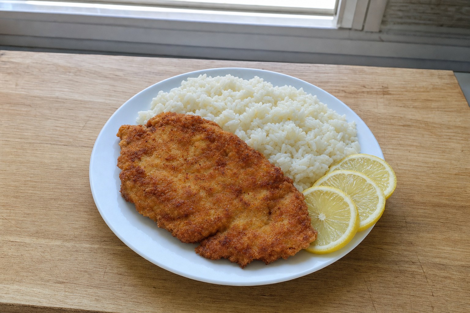 Bifes de Frango Panados com Arroz Branco