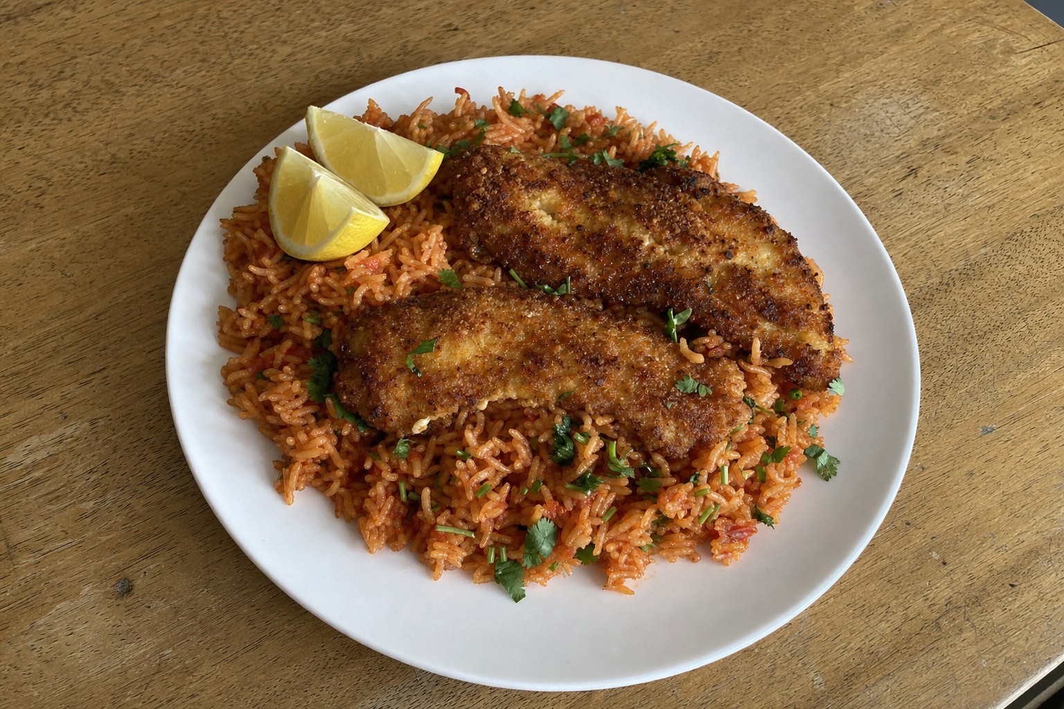Filetes de Pescada Panados com Arroz de Tomate Malandrinho