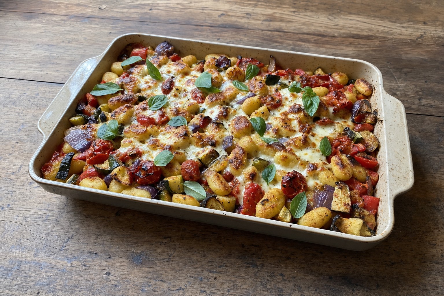 Gnocchi Assado em Tabuleiro com Legumes e Mozzarella