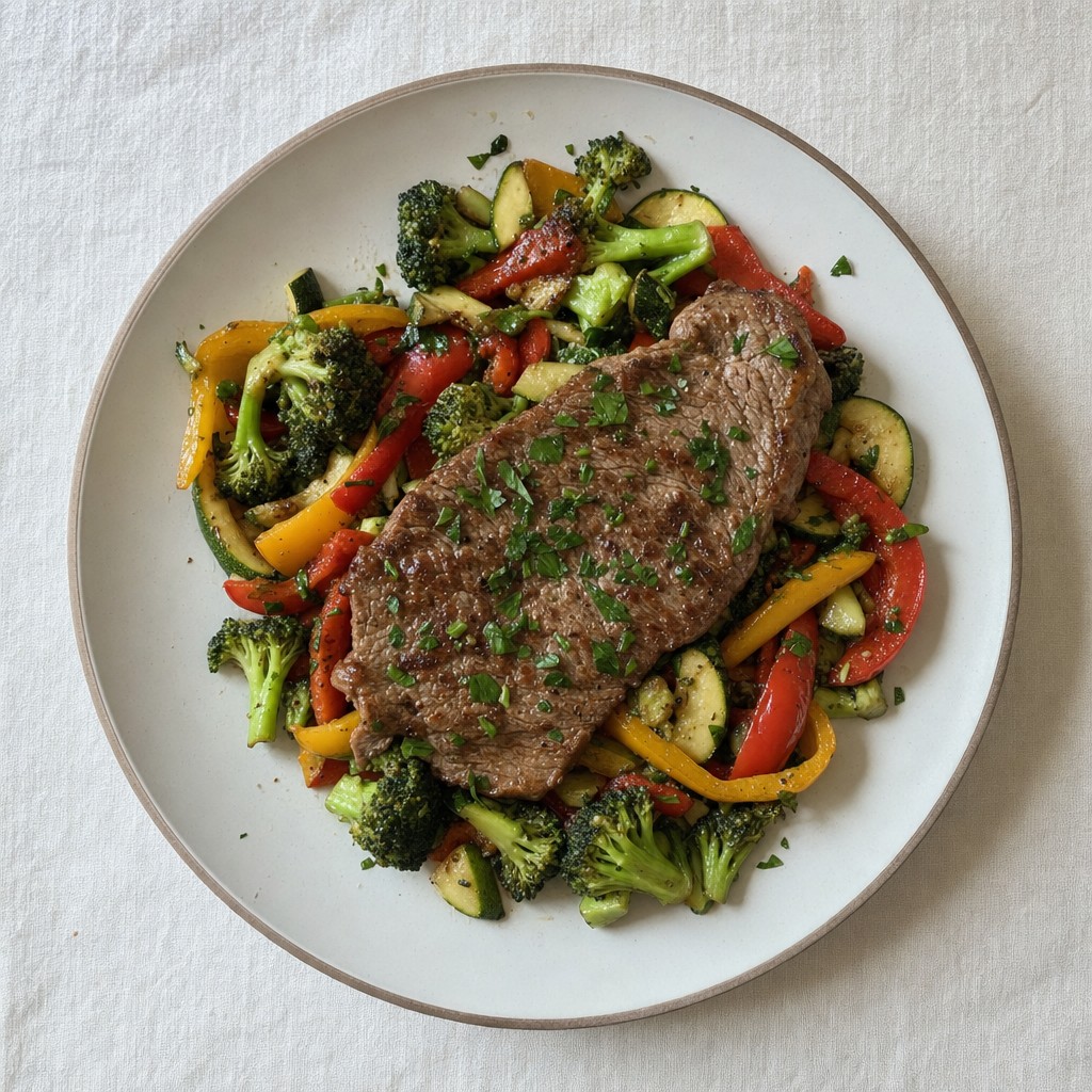 Bife do Lombo Grelhado com Legumes Salteados