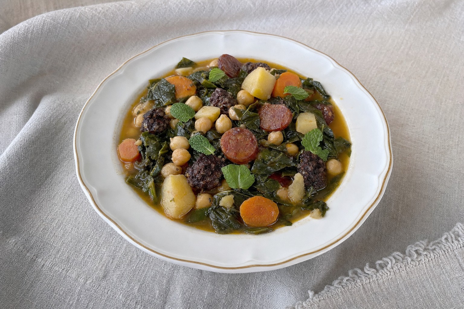 Cozido de grão com legumes e enchidos