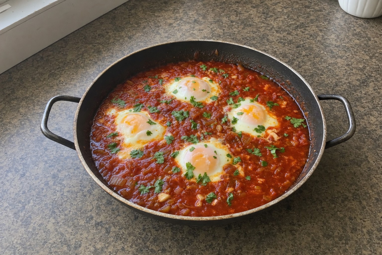 Ovos escalfados em caldo de tomate
