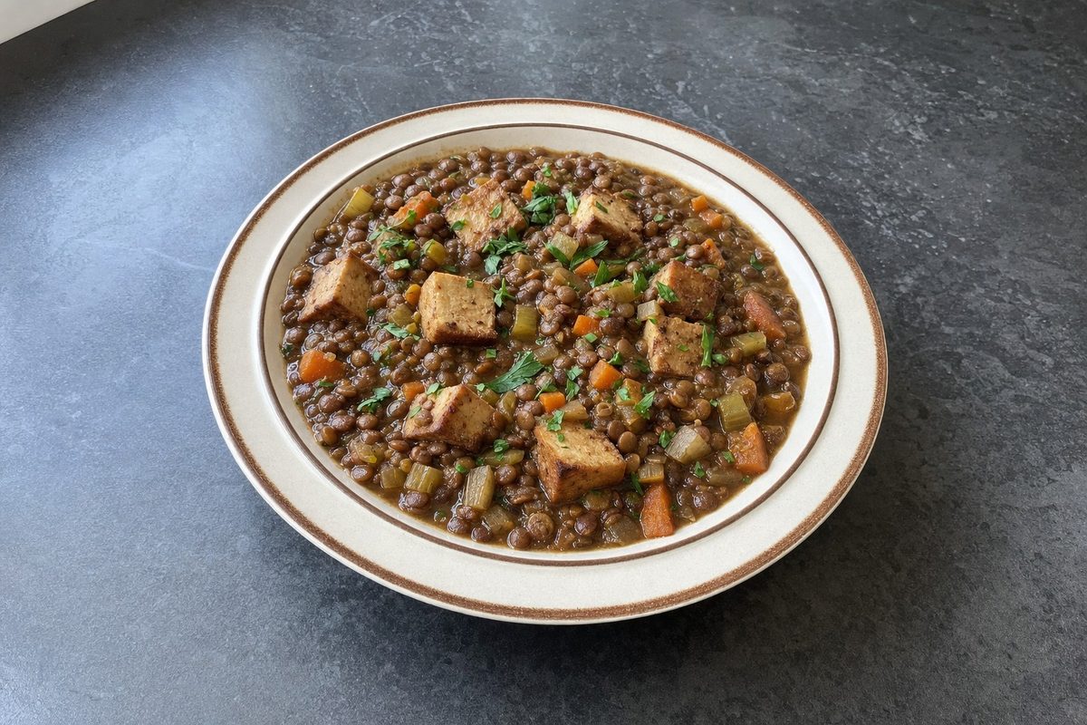 Lentilhas Estufadas com Tofu Fumado e Louro