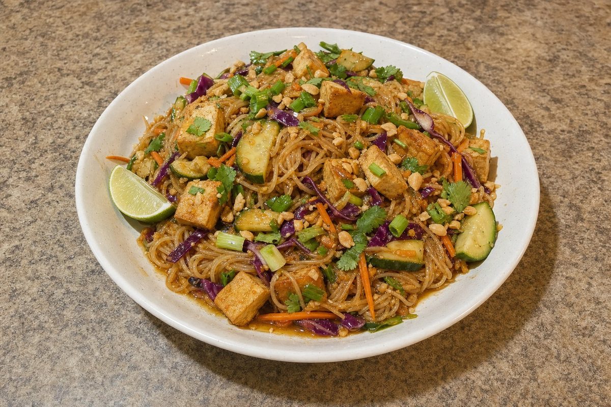 Massa de Arroz com Tofu Crocante e Molho de Amendoim