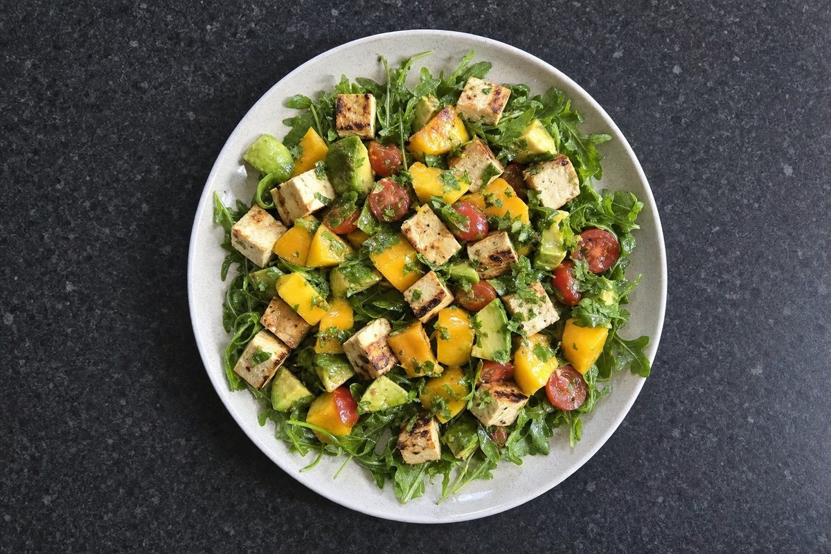 Salada tropical de manga, abacate e tofu grelhado