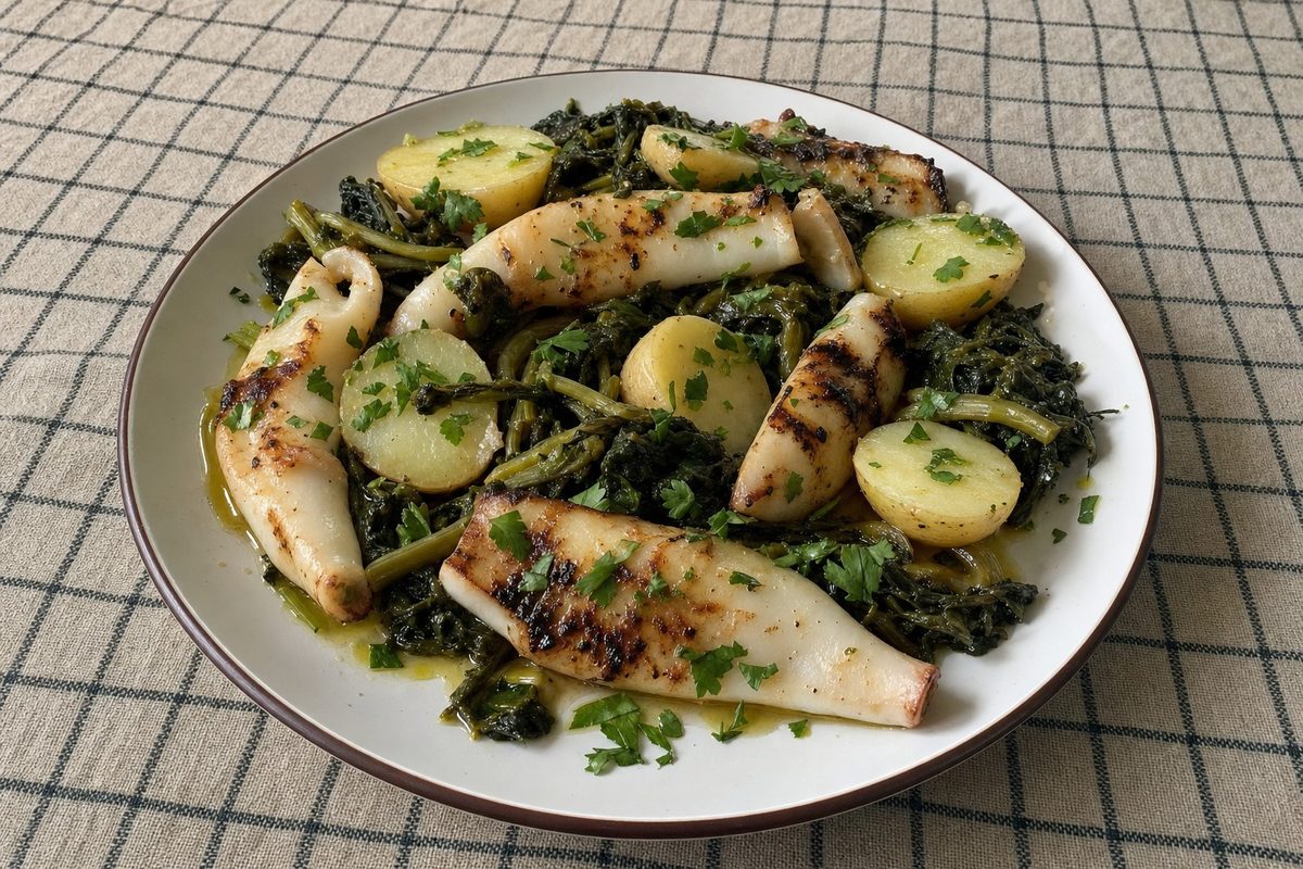 Lulas Grelhadas com Batata Cozida e Grelos