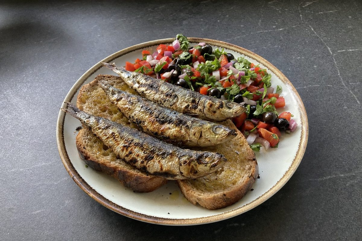 Sardinhas assadas no pão com salada de pimentos