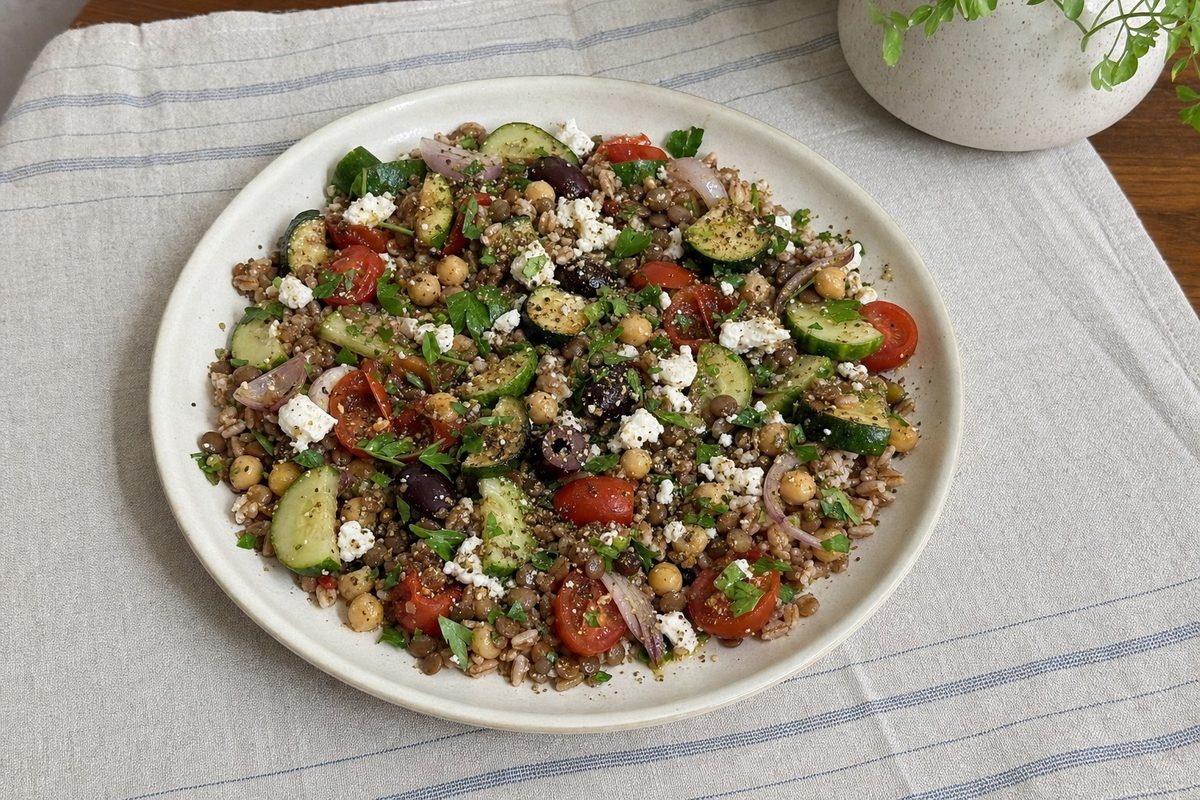 Bowl de Farro Mediterrânico com Leguminosas e Feta