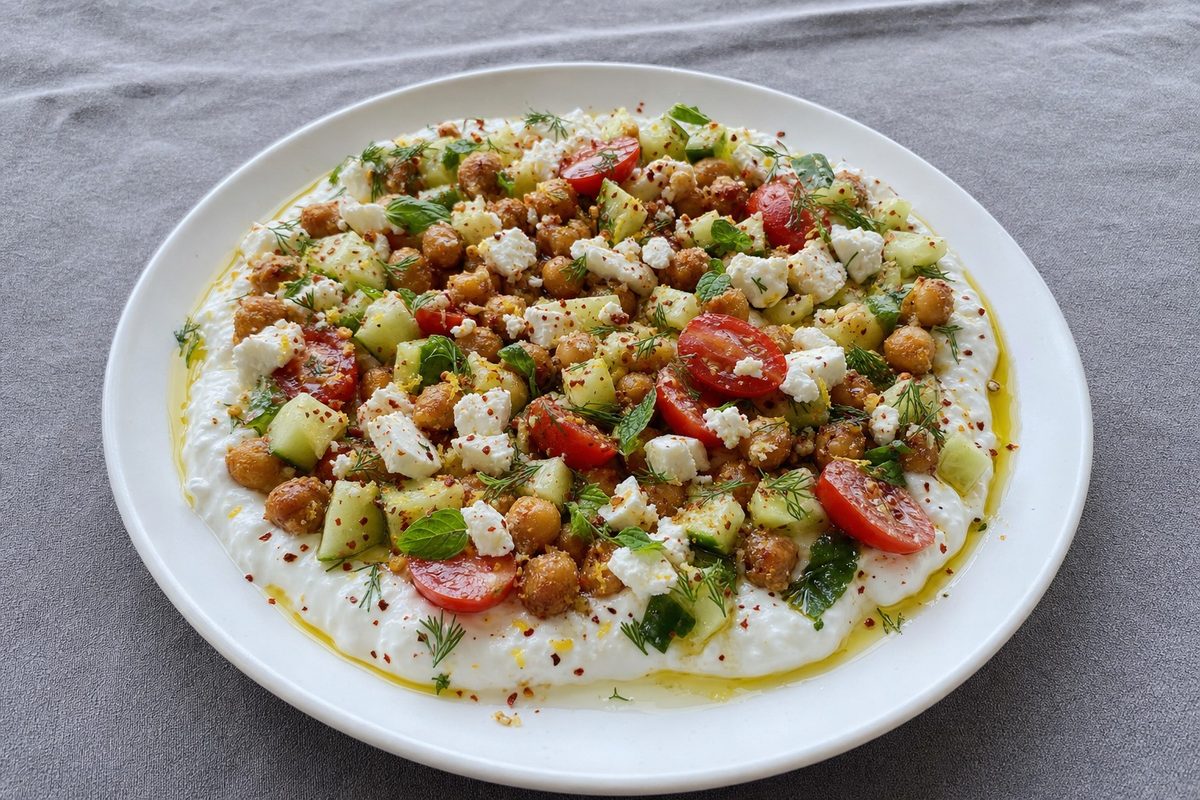 Bowl Salgado de Iogurte Grego com Pepino, Grão-de-Bico e Azeite