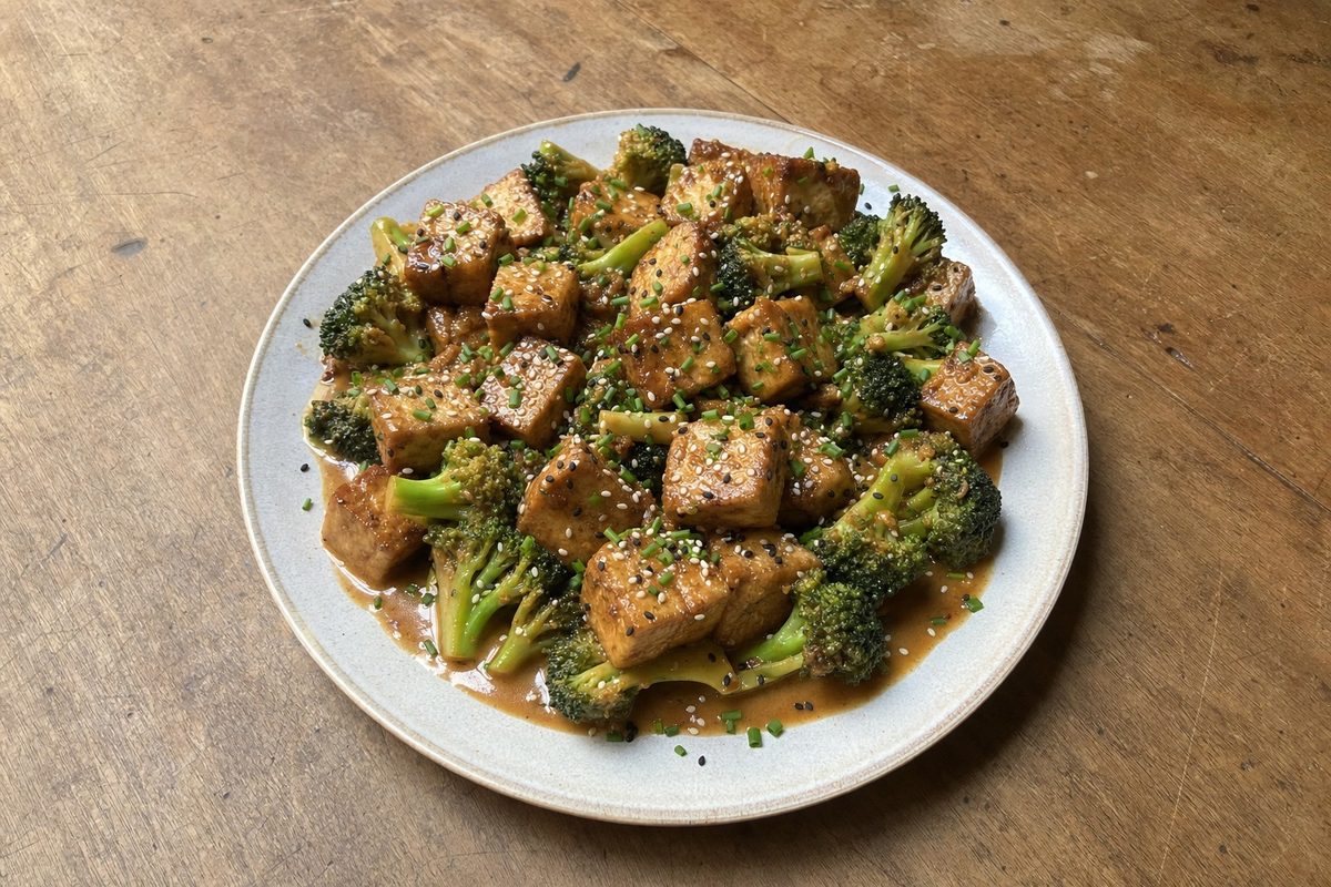 Salteado de Tofu e Brócolos com Molho de Amendoim