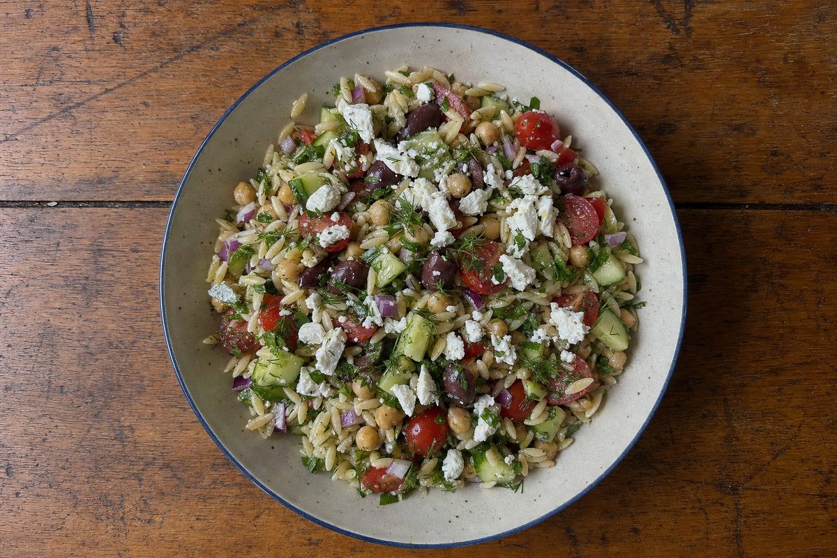 Salada mediterrânica de orzo a frio