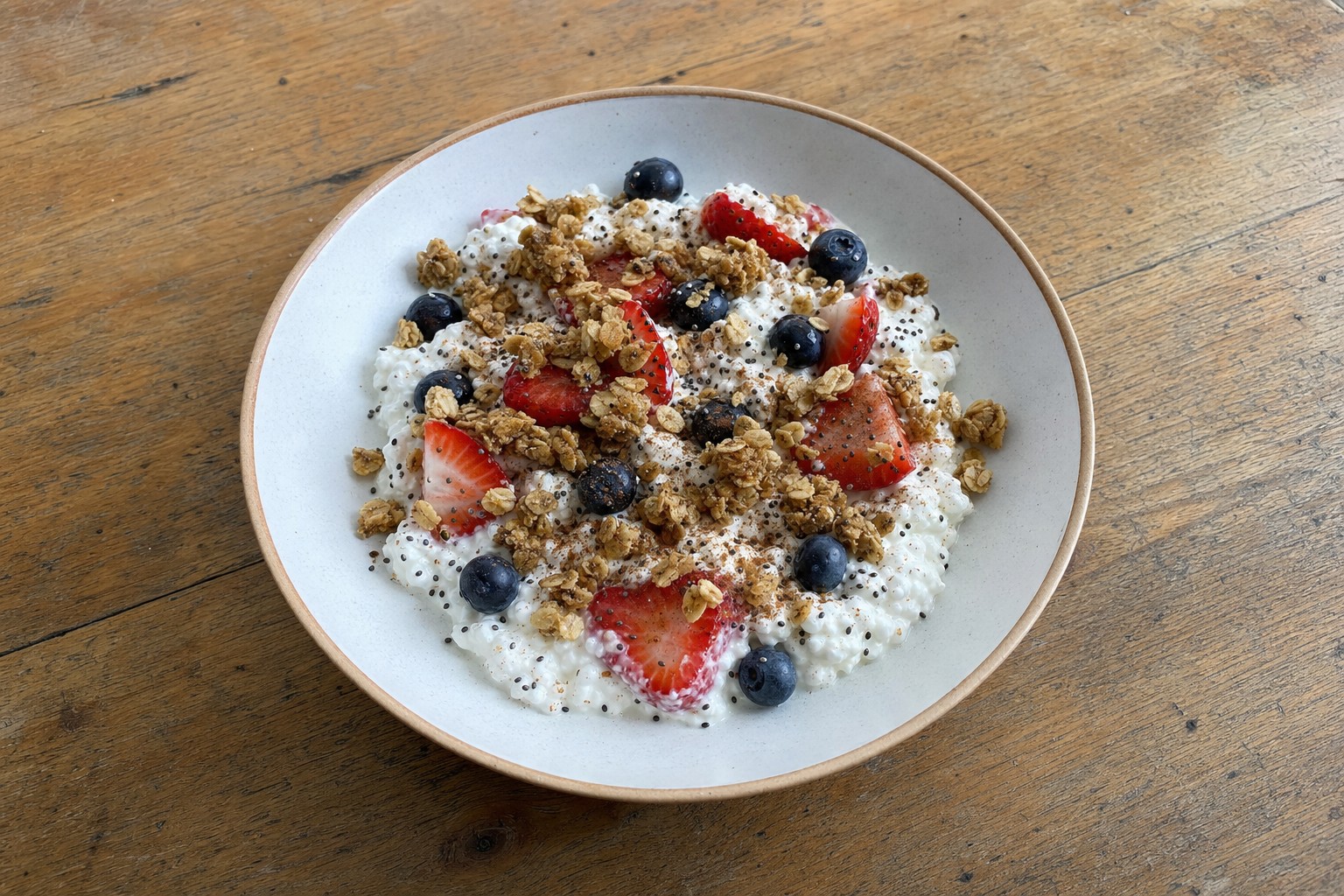 Tigela de Queijo Cottage com Fruta e Granola
